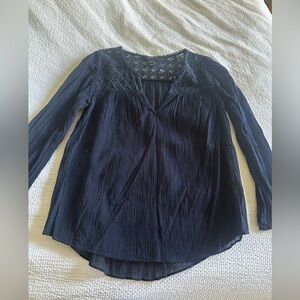 J. Crew Navy Textured Blouse with Lace Detail